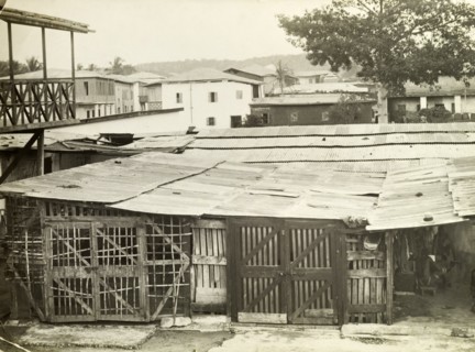 Gold Coast shanty town. The corrugated iron roofs of a shanty town. Accra, Gold Coast (Ghana),