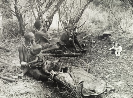 Maasai family group. Official publicity shot for the Tanganyikan government. Maasai women and