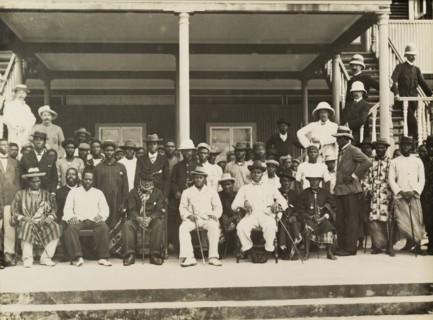 Edward VII's Coronation Day, Nigeria. A number of notable European and Nigerian men pose for a
