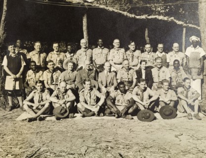 Scout leaders at a jamboree. Uniformed scout leaders from all over central Africa line up for the