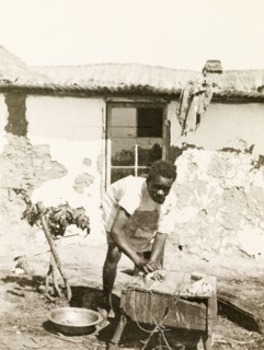 A domestic servant at Balloch Farm. A domestic servant at Balloch Farm scrubs his hands clean,