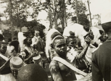Drummers in traditional dress at the Royal Show. A group of Kenyan men wear traditional fur