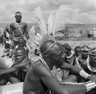 Wakamba headdress. Portrait of a male Wakamba dancer wearing a traditional headdress for Princess