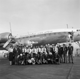Olympic teams arrive in Bombay. Olympic teams arrive in Bombay, posing for the camera with flight