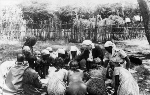 Nellie Grant teaches Kikuyu women. Nellie Grant, the wife of settler farmer Jos Grant and mother of