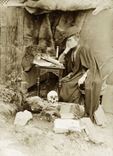 Academic 'hermit', Australia. Staged outdoors portrait of Prunella 'Prue' Brodribb, dressed up as