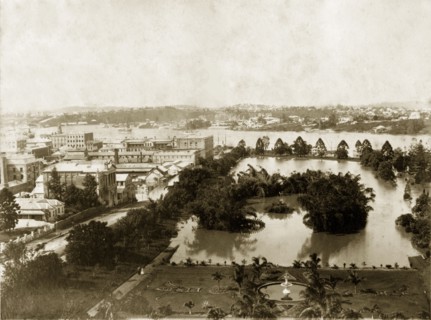 Flooding in Brisbane. View of the Botanical Gardens in flood from the top of Parliament House.