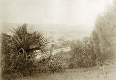 View from Wickham Terrace. A garden bench faces out over the city of Brisbane in the sloping