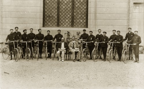 A Victorian gentlemen's bicycle group. Identified as 'The 1st Buffs' bicycle section', British