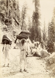 Mountain mail runners. Mail runners balance large sacks of letters on their heads as they travel