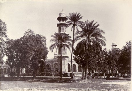 Shahdara Gardens, Lahore. One of several decorative minarets peeps above the treeline at the formal