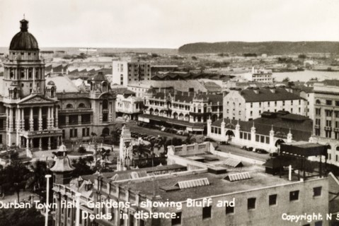 Durban town hall. View of Durban town hall and gardens looking across the city towards the bluff