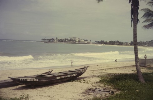 View towards Elmina Castle. View from a beach towards Elmina Castle across the bay. Elmina, Ghana,