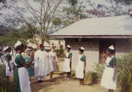 Governor Fadahunsi is greeted by nurses. Sir Chief Joseph Odeleye Fadahunsi (b.1901), Governor of