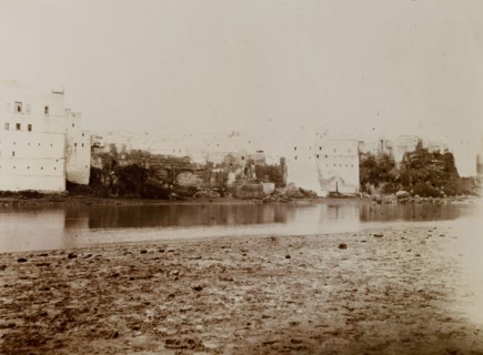 Point Azammur, Morocco. Square buildings flank the water's edge at Point Azammur on the Um er-Rabia