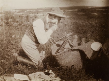 Outdoor shave, Morocco. A European man, probably Frederick Stanbury, shaves himself in an open