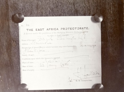 Official safari permit. Close-up of the official permit received by Fredercik Stanbury allowing him