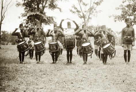 4th King's African Rifles Band. Portrait of a regiment of uniformed drummers in the 4th King's