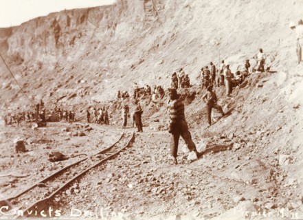 Convicts on drilling duty, South Africa. African convicts on drilling duty at the Premier Diamond