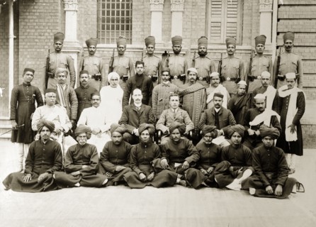 Bank of Bengal staff. Group portrait of European and Indian office staff, peons and guards,