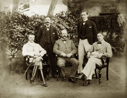 Victorian colonialists, Calcutta. Group portrait of five European men, including S.A.H. Sitwell, a