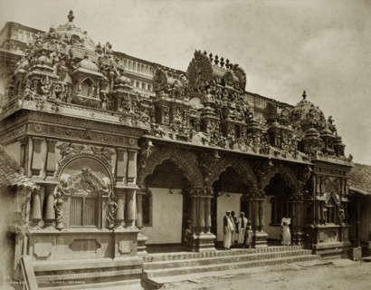 Hindu temple, Ceylon. The intricately carved stone entrance to a Hindu temple. Colombo, Ceylon (Sri