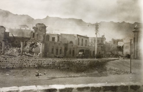 Aftermath of Arab riots in Aden, 1947. View over the desolate and ruined Jewish quarter of Aden,