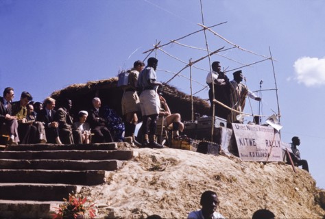 United National Indepence Party political rally. Two politicians address an unseen crowd at a