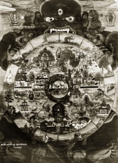 The wheel of existence'. Close-up shot of a 'wheel of existence' painting. In the dharmic religions