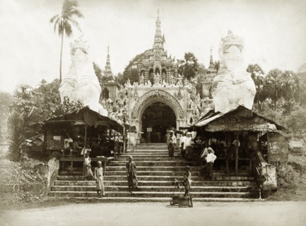 The Shwe Dagon Pagoda. Steps leading up to the main, southern entrance to the Buddist shrine of