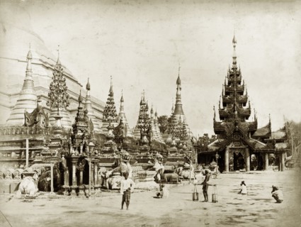 Shrines at the Shwe Dagon Pagoda. Shrines on the platform of the Shwe Dagon Pagoda. Rangoon