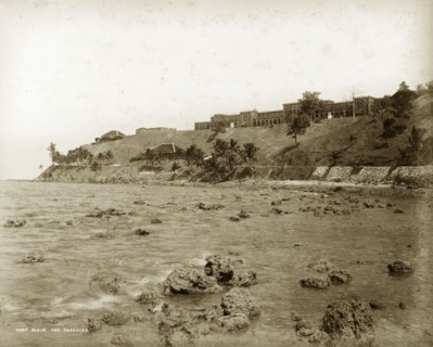 The Barracks', Andaman Islands. Distant view of an army barracks for European soldiers. Andaman