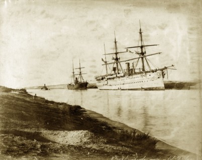 Troopships in the Suez Canal. HM troopship 'Euphrates' at El Ferdan in the Suez Canal. Suez, Egypt,