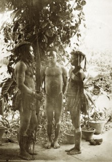 Three Andaman Islanders. Outdoors portrait of three Andaman Islanders, two men and a woman. The