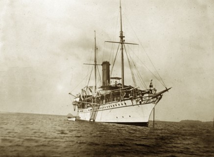 RIMS 'Investigator' at Sea. RIMS 'Investigator', a naval steamer, floats in anchorage at sea. An