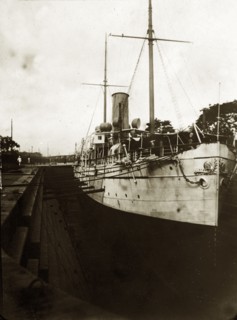 RIMS 'Mayo' in a dry dock. RIMS 'Mayo', a naval steamer belonging to the Royal Indian Marine