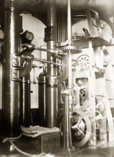 Inside Beacon Island lighthouse. Machinery inside the Beacon Island lighthouse. Burma (Myanmar),