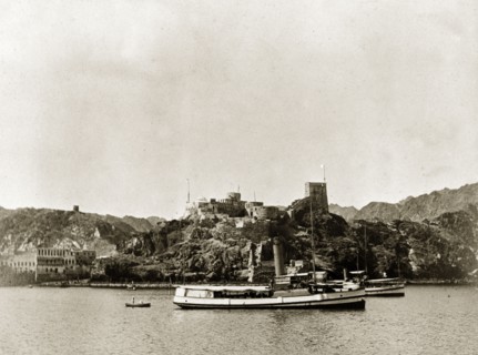 Armed launches at Muscat. Armed launch boats 'Mashone' and 'Harold' float off shore at Muscat.