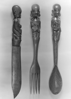 Carved wooden cutlery, Kenya. Three pieces of decorative wooden cutlery, including a knife, fork