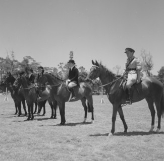Open jumping winners. Riders in the open jumping competition at the Royal Show line up on horseback