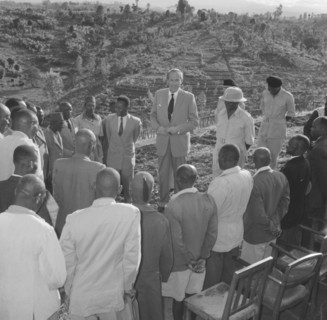 Lennox-Boyd visits Fort Hall. Alan Tindal Lennox-Boyd (1904-1983) meets Kenyan elders of the Fort