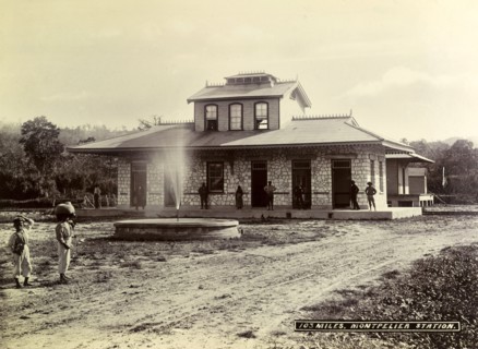 Montpelier railway station. A fountain brightens up the patch of rough ground outside Montpelier