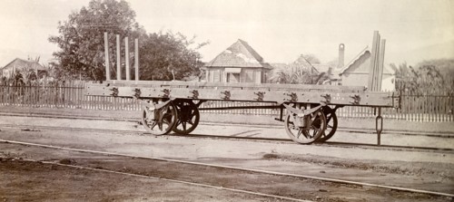 Jamaica Railway wagon. An open railway wagon sits on rails at a siding. Jamaica, circa 1895.