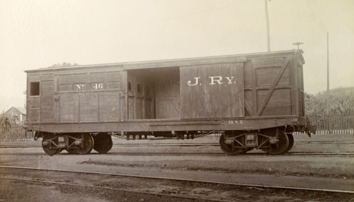 Jamaica Railway wagon. A railway wagon inscribed 'J. RY. No.46', sits on rails at a siding.