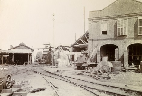 Railway sidings, Jamaica. Railway sidings criss-cross at a junction surrounded by railway utility