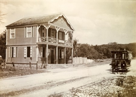 Jamacia Street Car Company. Two mules pull an open-sided tram along rails past a building