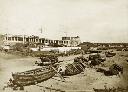 Surf boats at Madras. Surf boats on the beach at Madras. Madras, Madras Presidency (Chennai, Tamil