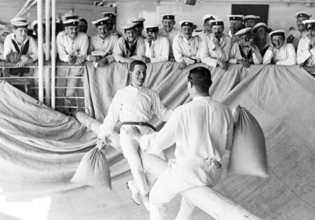 Pillow fight aboard HMS Medina. Captain Bryan Godfrey-Faussett, Equerry to King George V, and the