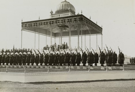 The Coronation Durbar, 1911. King George V (r.1910-36) and Queen Mary sit enthroned beneath the