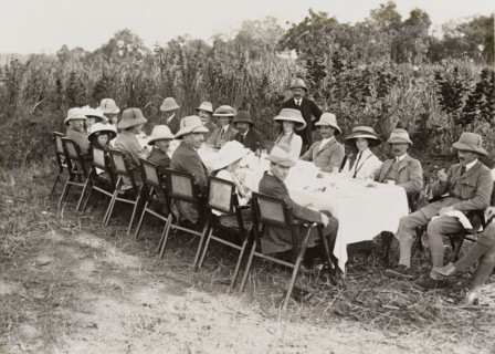 Royal lunch in the jungle. King George V (r.1910-36), seated fourth from left on the far side of